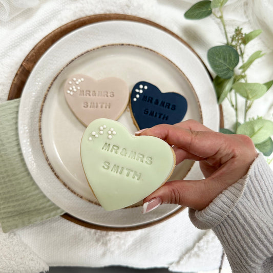 Sage Green Personalised Wedding favour biscuits with date|