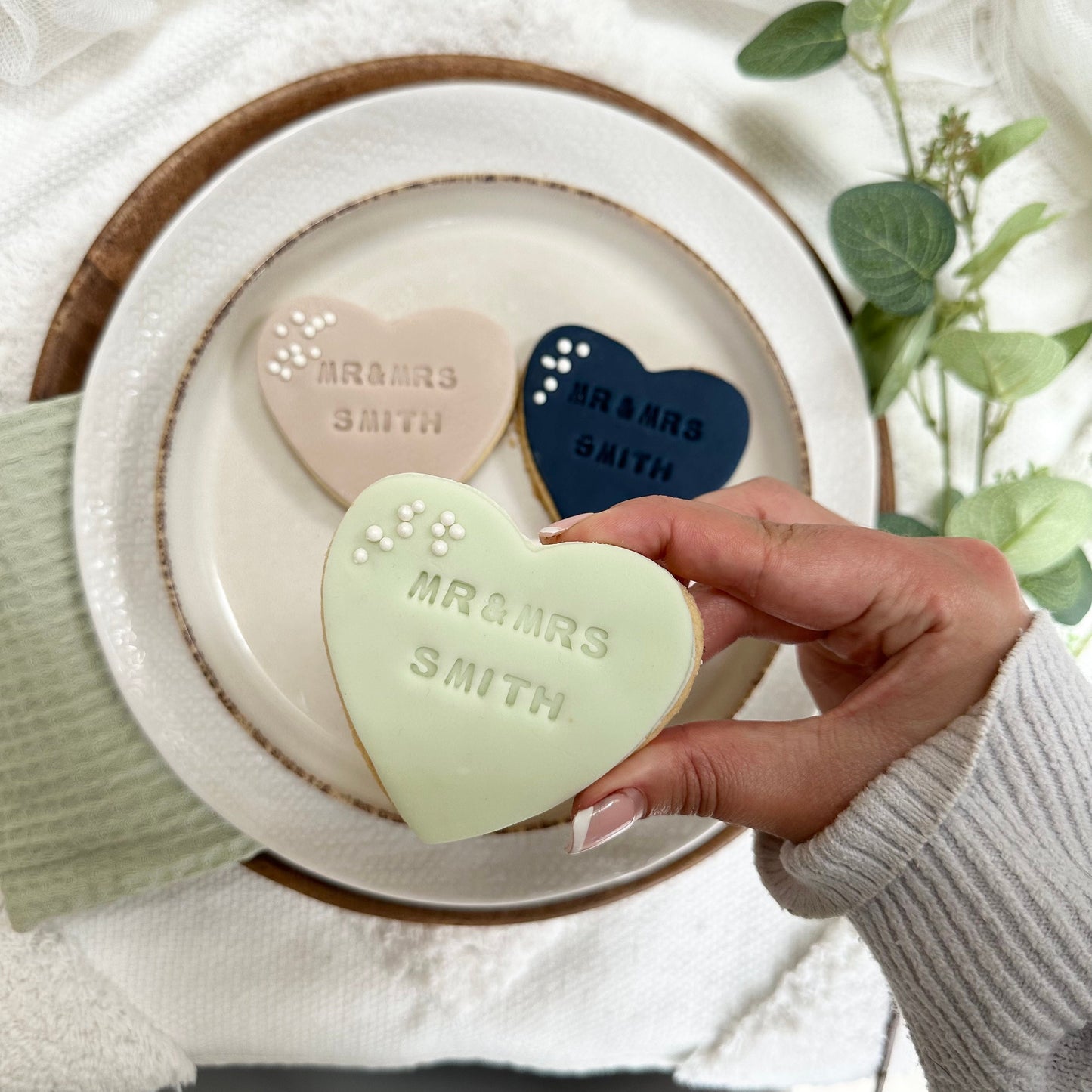 Navy Personalised Wedding favour biscuits with date