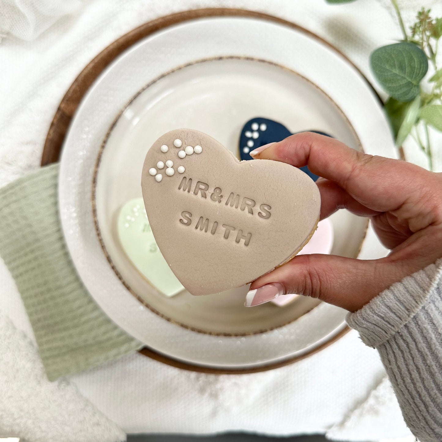 Navy Personalised Wedding favour biscuits with date
