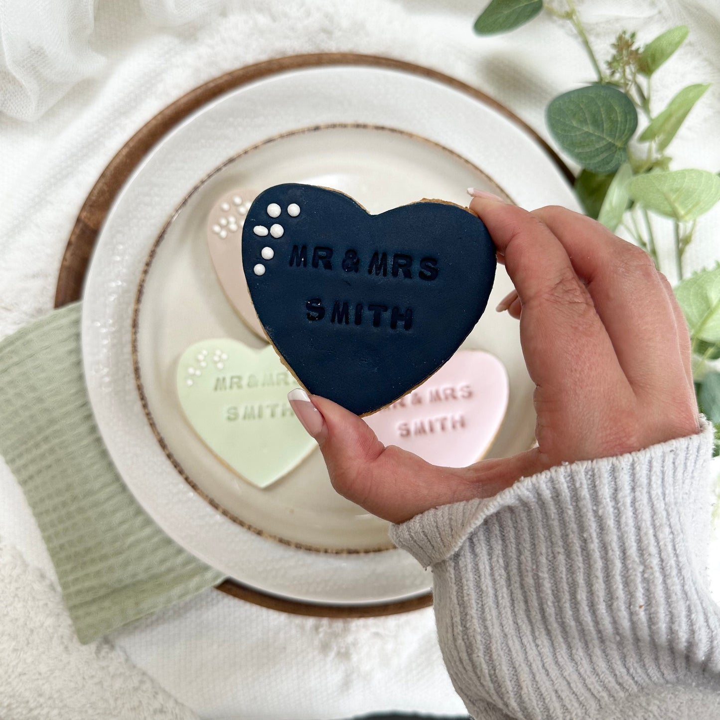 Sage Green Personalised Wedding favour biscuits with date|