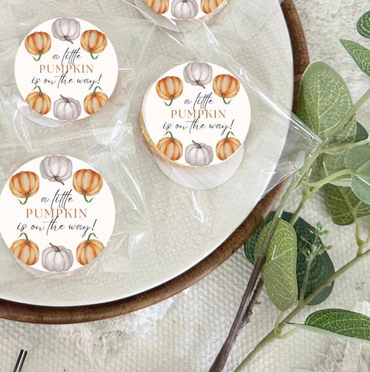 Autumn baby shower biscuits / pumpkin biscuits/ oh baby biscuits / baby shower favours/ edible image biscuits